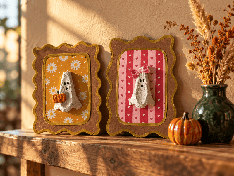 Two small handmade scalloped frames displayed on a wooden shelf next to a small ceramic pumpkin and a vase of dried flowers. The left frame features yellow daisy paper with a 3D egg carton ghost holding a miniature pumpkin; the right frame features pink heart-patterned paper with a ghost wearing a pink bow.