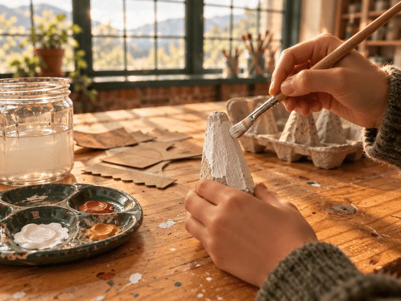 Hands using a flat paintbrush to coat an egg carton cone with white paint on a sunlit studio table, with a paint palette, water jar, and cardboard cutouts in the background.