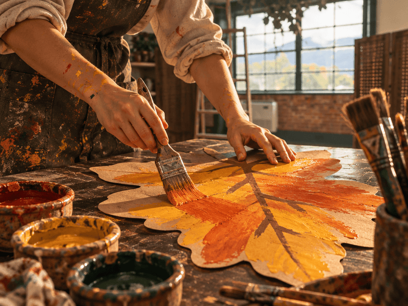 A close-up of an artist applying warm yellow and orange acrylic paint across a large cardboard oak leaf cutout using a wide flat paintbrush.