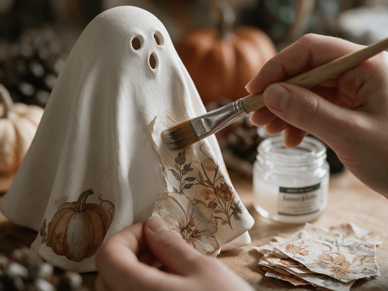 Close-up of hands using a paintbrush to apply decoupage glue and vintage floral paper onto the folds of a white clay ghost figurine, with torn paper scraps and a glue jar on a wooden worktable.