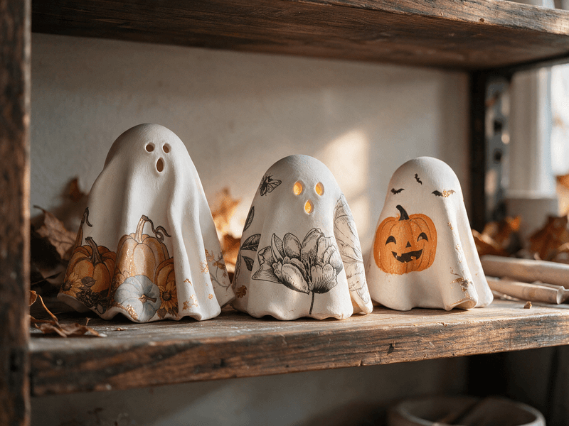 Three white clay ghost candleholders sitting on a rustic wooden shelf, each decorated with autumn motifs—pumpkins, botanical sketches, and a jack-o'-lantern with bats—warmly lit with a candle glowing inside the center ghost.